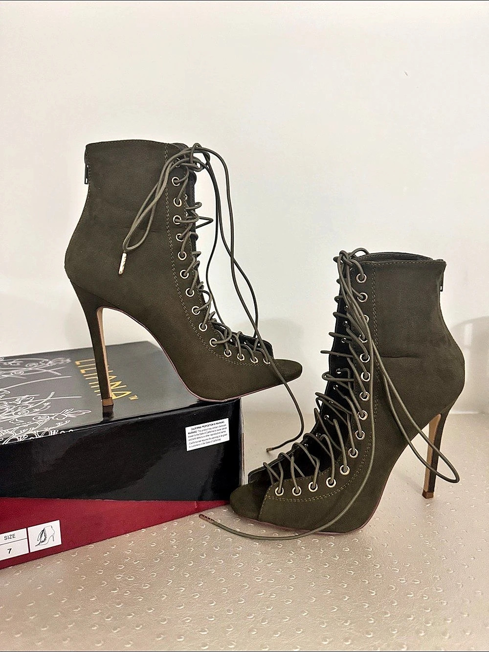 Liliana Olive Lace-Up Peep-Toe Heeled Boots